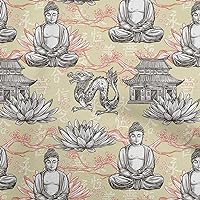 Cotton Poplin Beige Fabric Asian Buddha Craft Projects Decor Fabric Printed by The Yard 42 Inch Wide