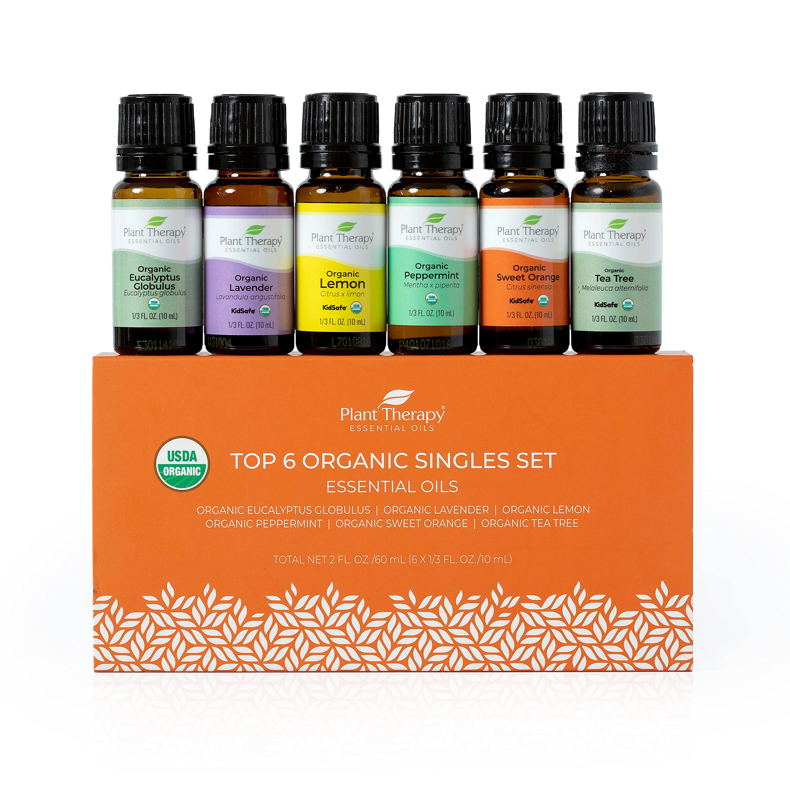 Plant Therapy Top 6 USDA Organic Essential Oil Set - Lavender, Peppermint, Eucalyptus, Lemon, Tea Tree 100% Pure, Natural Aromatherapy, For Diffusion & Topical Use, Therapeutic Grade 10 mL (1/3 oz)