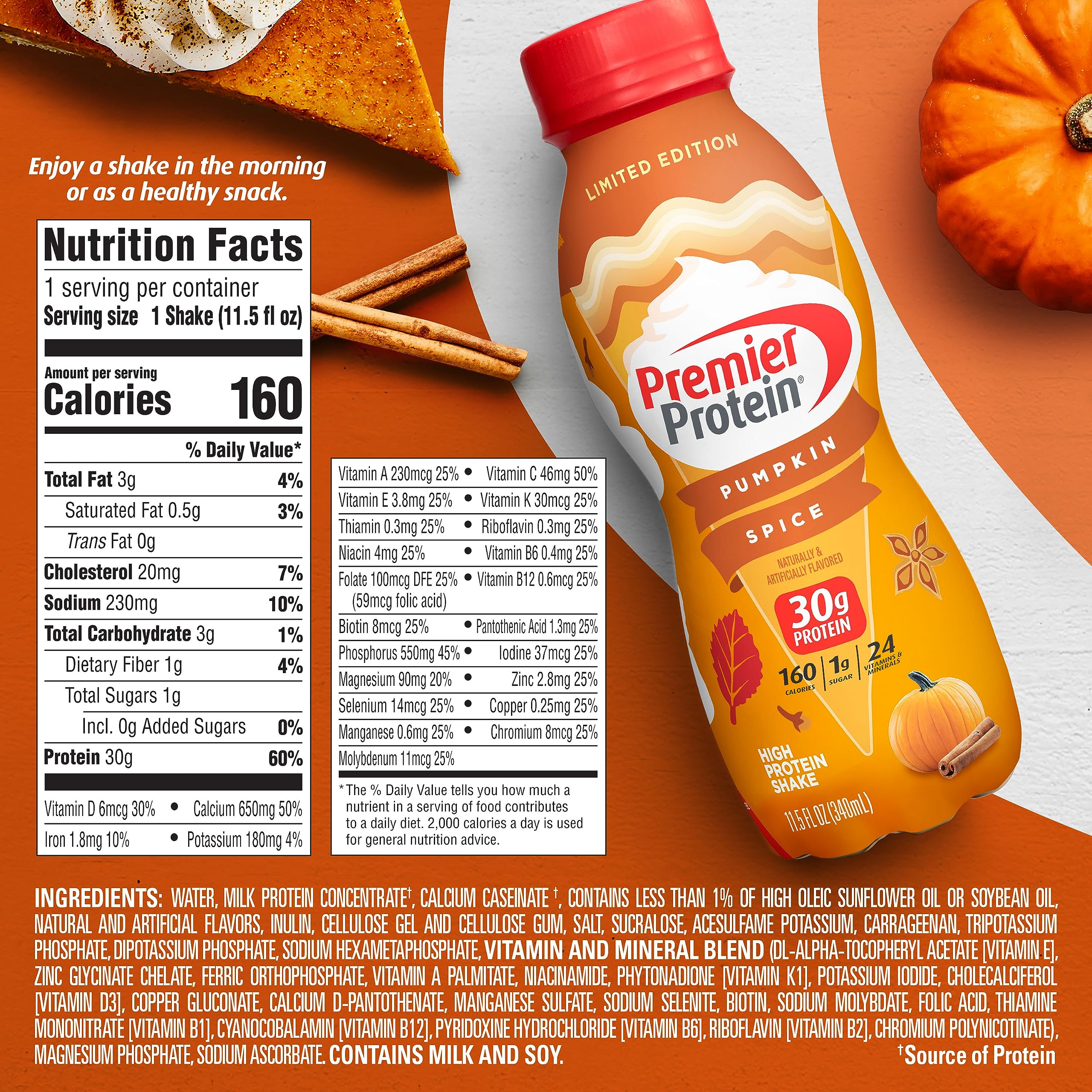 Premier Protein Shake Limited Edition 30g 1g Sugar 24 Vitamins Minerals Nutrients to Support Immune Health, Pumpkin Spice, 11.5 Fl Oz (Pack of 12)