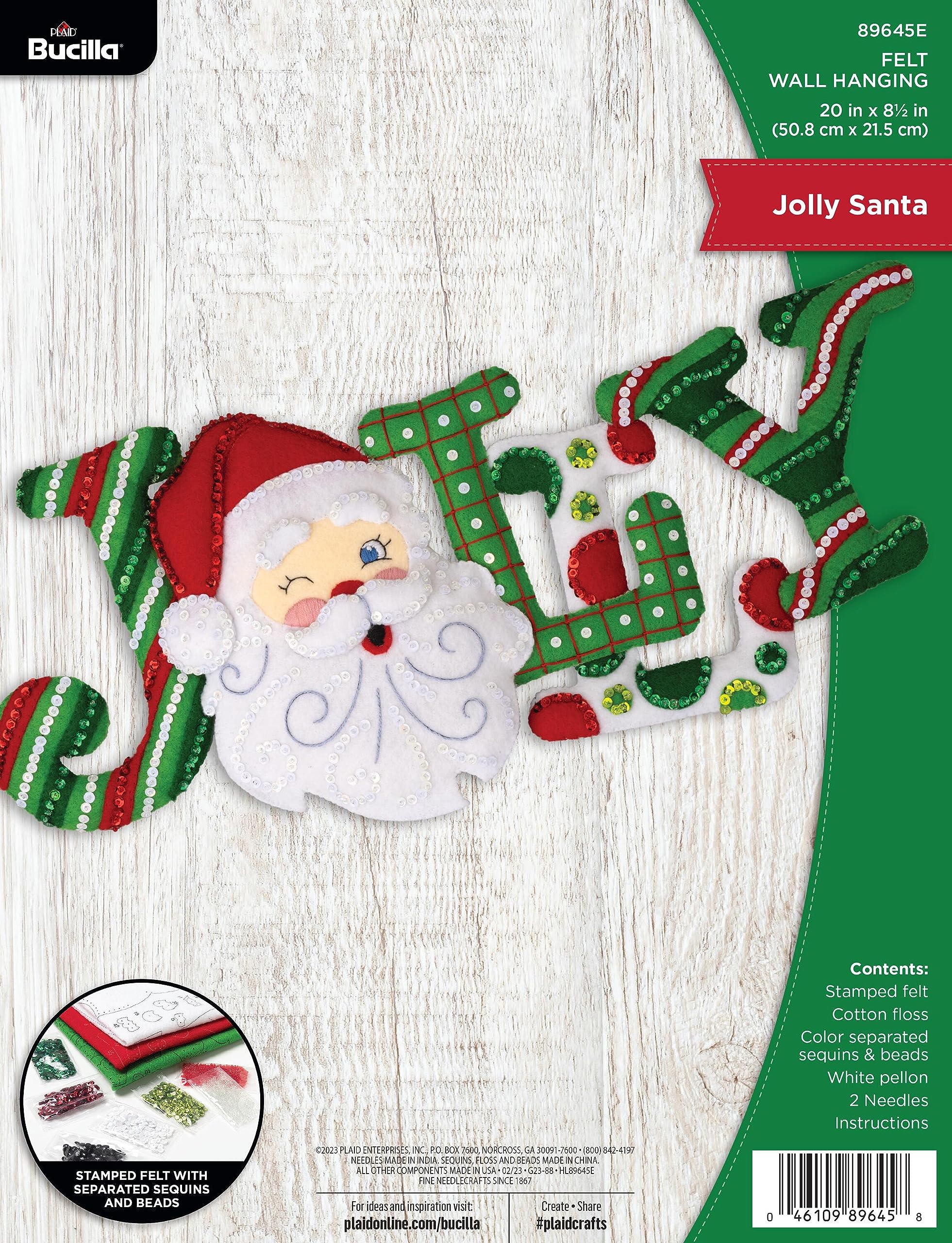Bucilla Felt Applique Wall Hanging Kit, Jolly Santa, Perfect for Holiday DIY Arts and Crafts, 89645E, Multi