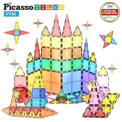 PicassoTiles 60 Piece Set 60pcs Magnet Building Tiles Clear Magnetic 3D Blocks Construction Playboards - Creativity beyond Imagination, Inspirational, Recreational, Educational, Conventional