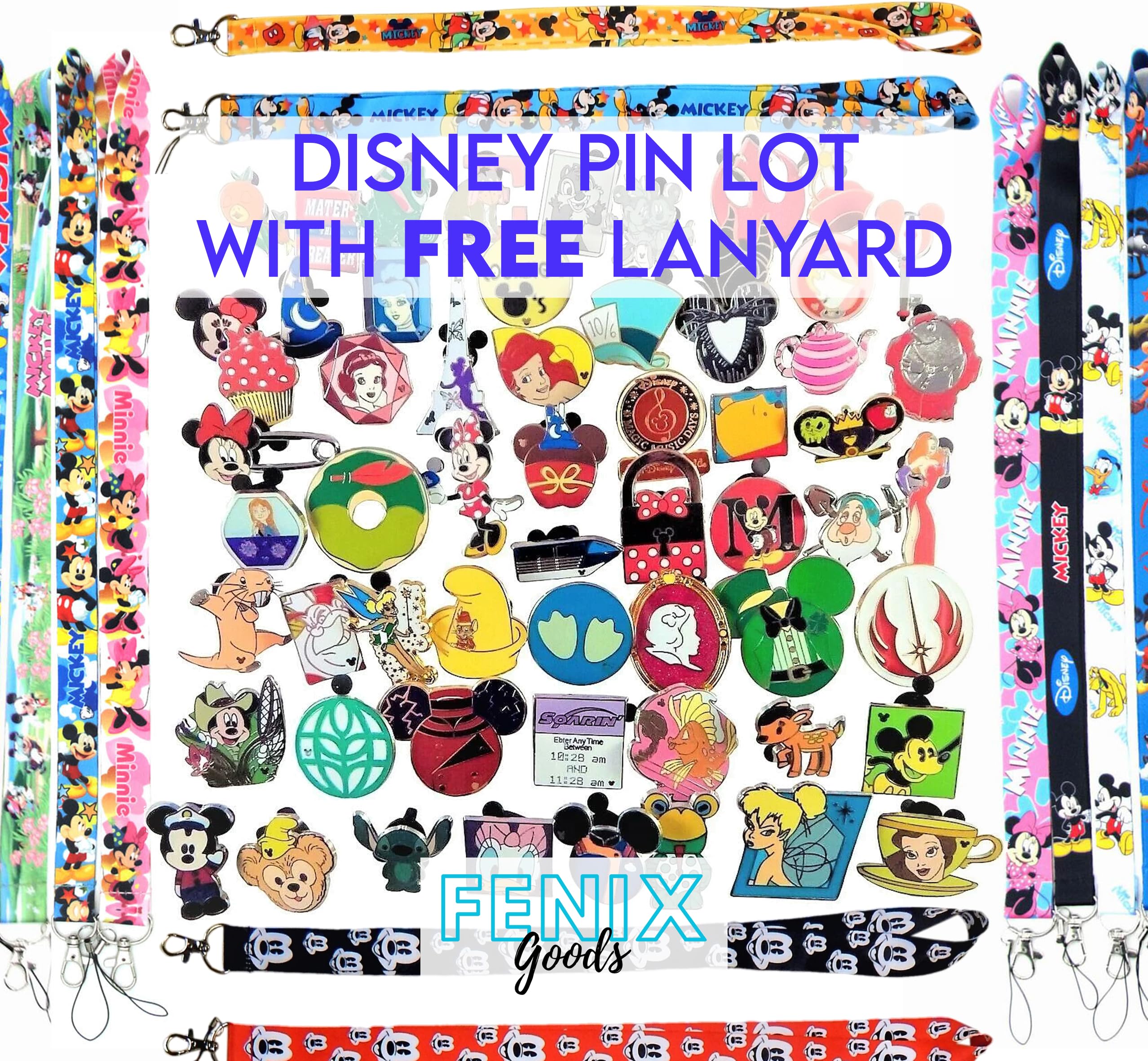 Disney Trading Pin Lot Mixed Pins with Disney Lanyard - Tradable Metal Set Mickey Head Backing - Disney Pins Collector- No Doubles - Assorted Pin Lot