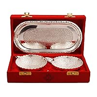 Indian Art Villa Silver Plated Bowl Set With 2 Spoons & 1 Tray, Service For 2, Festive Gifts