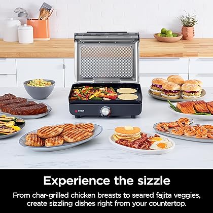 Ninja GR101 Sizzle Smokeless Indoor Grill & Griddle, 14'' Interchangeable Nonstick Plates, Dishwasher-Safe Removable Mesh Lid, 500F Max Heat, Even Edge-to-Edge Cooking, Grey/Silver