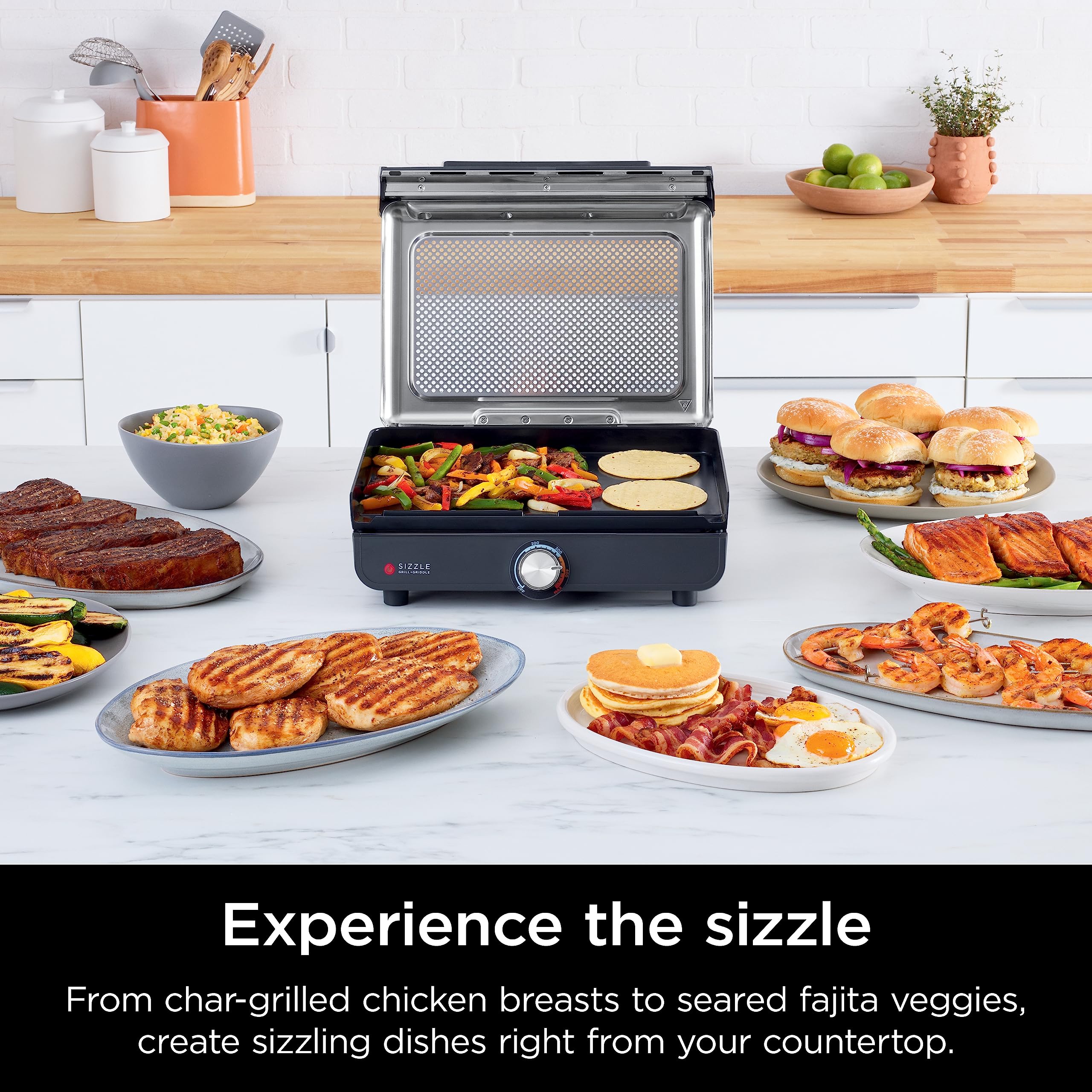 Ninja GR101 Sizzle Smokeless Indoor Grill & Griddle, 14'' Interchangeable Nonstick Grill and Griddle Plates, Dishwasher-Safe Removable Mesh Lid, 500F Max Heat, Even Edge-to-Edge Cooking, Grey/Silver