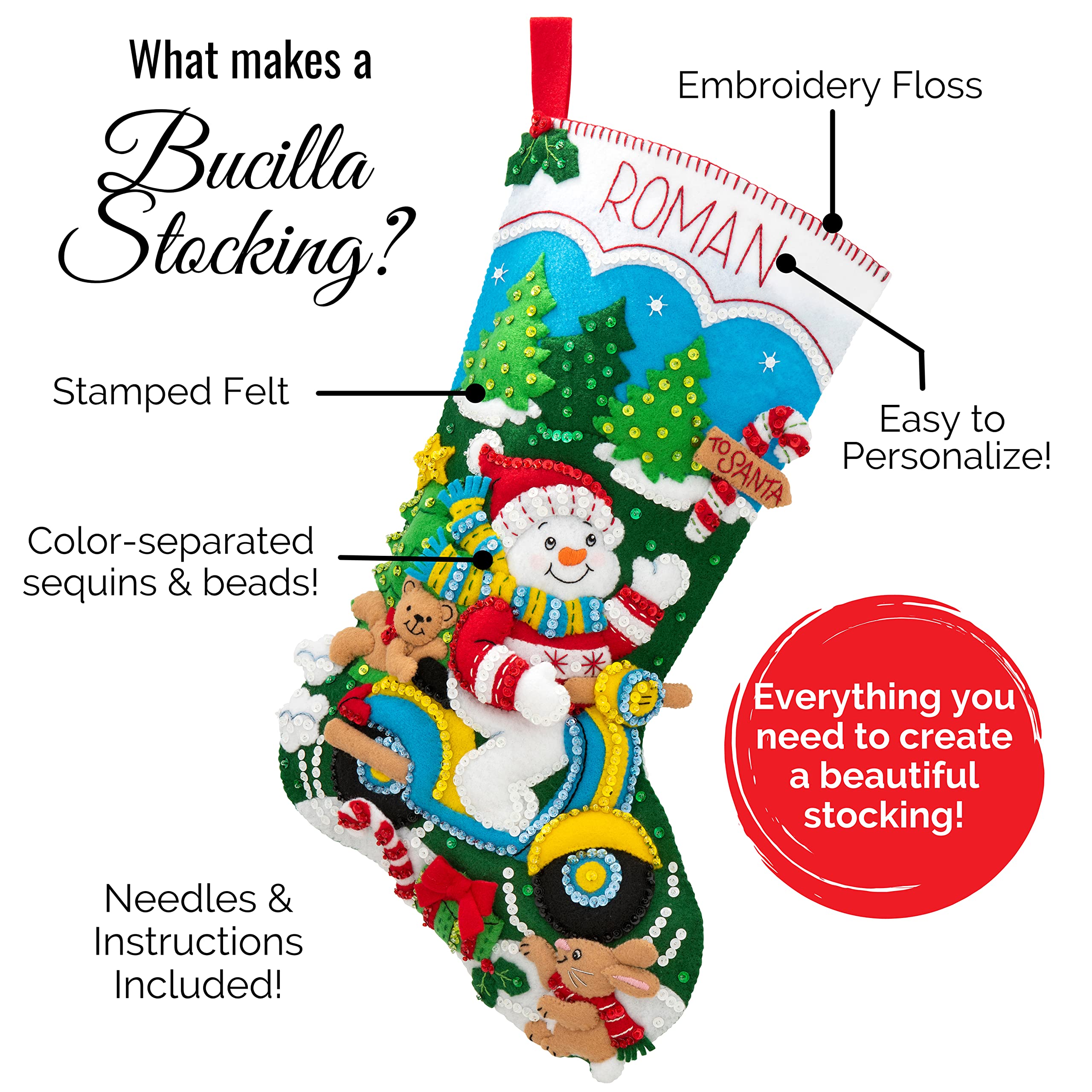 Bucilla Felt Applique Christmas Stocking Kit, Santa and Friends 18