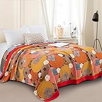 100% Muslin Cotton Throw Blanket for Bed Couch Chair, Floral Persimmon Printed Colorful Retro Quilt Ultra Soft Reversible Gauze Blanket for All Season, 90