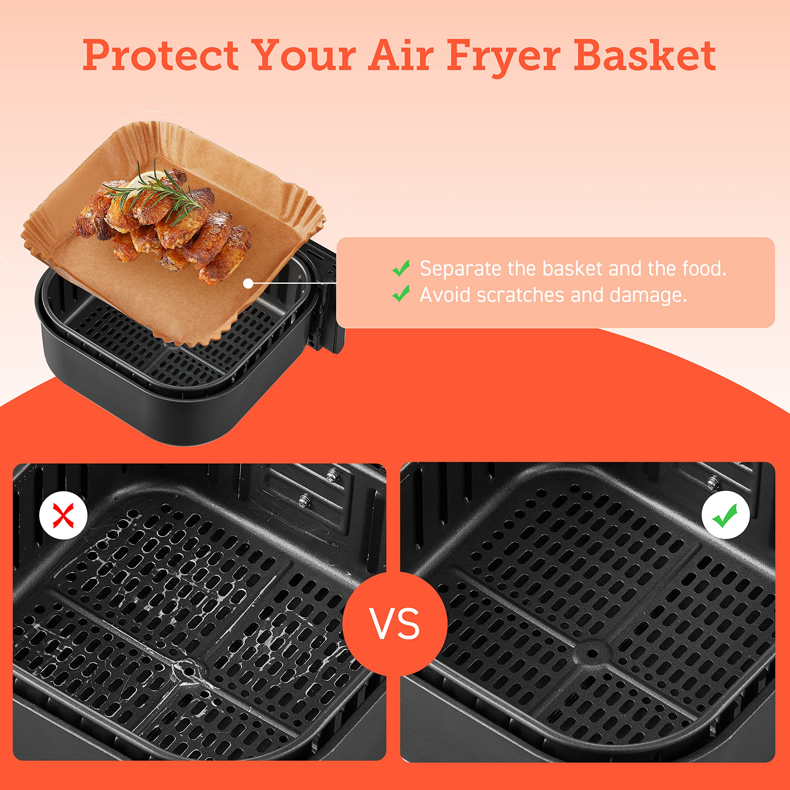COSORI Air Fryer Liners, 100 PCS Square Disposable Paper Liners, Non-Stick Silicone Oil Coating, Little to No Cleaning, 6.5