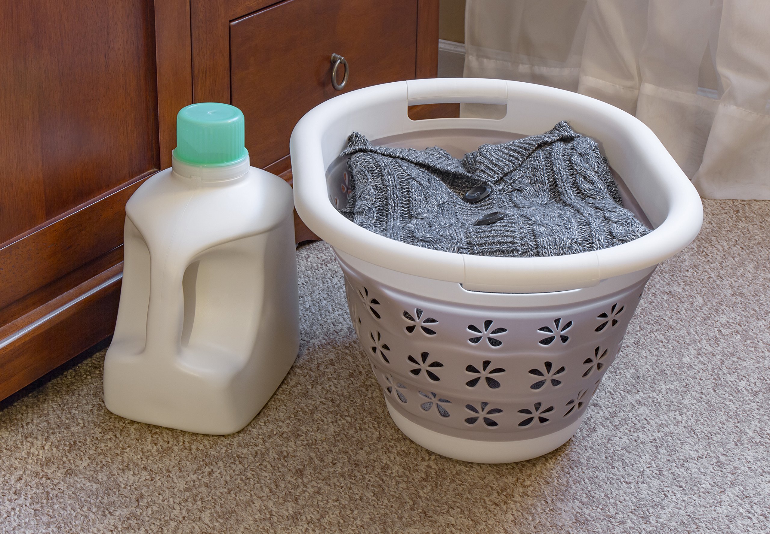 Camco White/Taupe Collapsible Utility/Laundry Basket – Perfect for Homes, Boats, and RVs – Easy Grip Carrying Handles - Foldable for Compact Storage,small - 51951