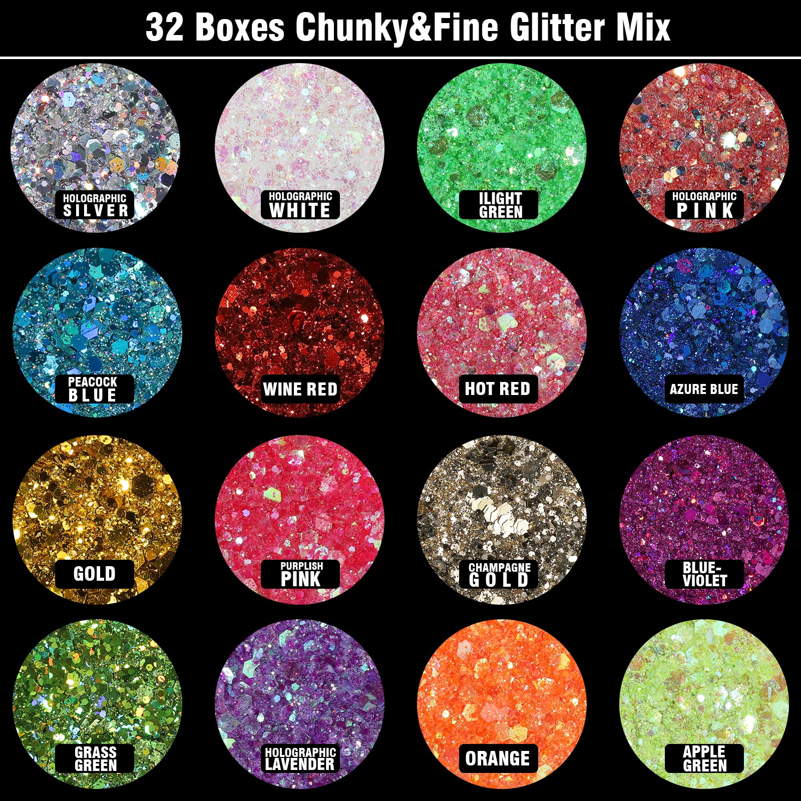Festival Chunky and Fine Glitter Mix, Teenitor 32 Colors Chunky Sequins & Fine Glitter Powder Mix, Iridescent Glitter Flakes, Cosmetic Face Body Eye Hair Nail Art Resin Tumbler Glitter Loose Glitter