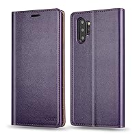 for Samsung Galaxy Note 10+ Plus 5G SM-N975F Wallet Case，Cowhide Genuine Leather Folio Flip Cover Shell Anti-fall Shockproof TPU[RFID Blocking]Credit Card Holder[Kickstand Function]Folding,Purple