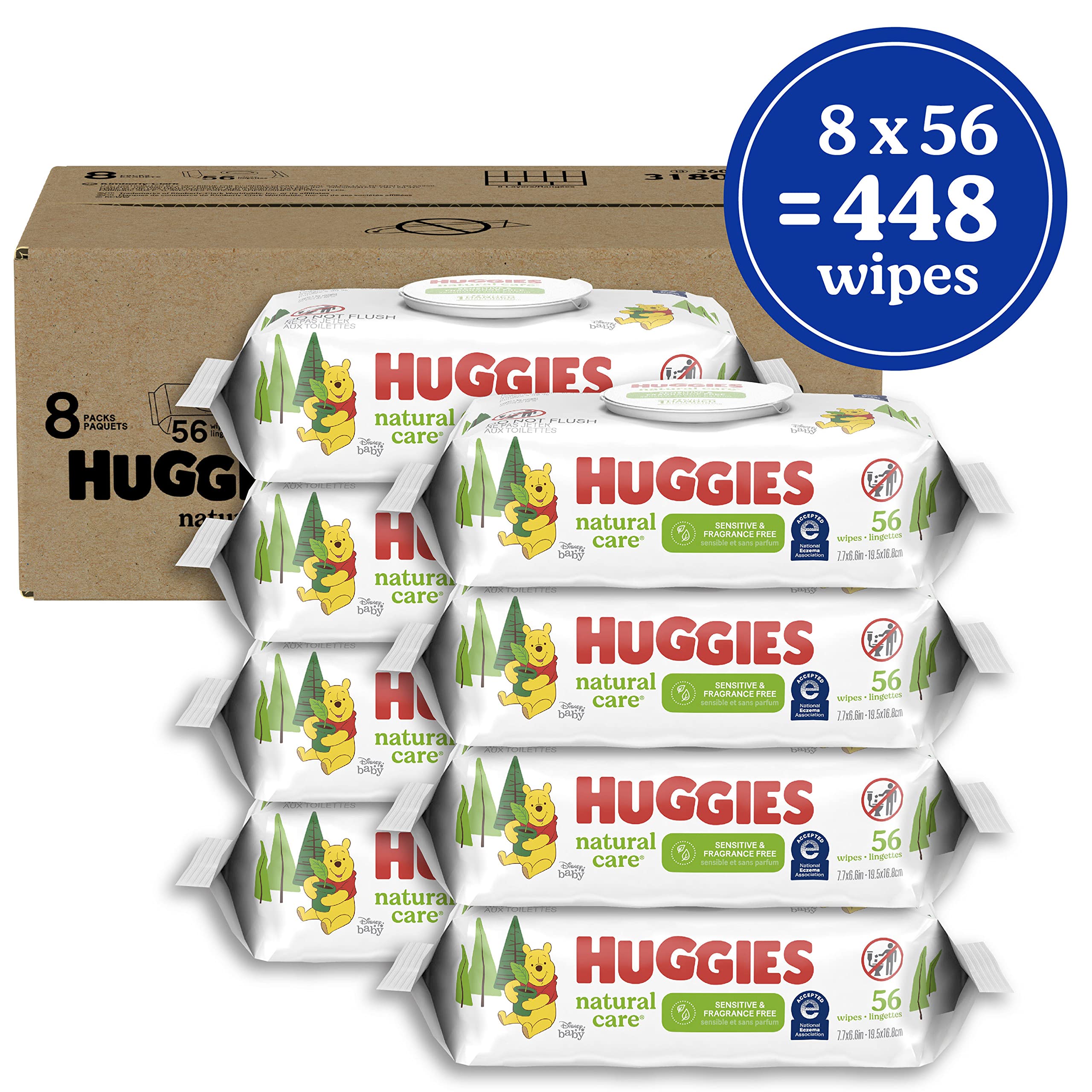 Huggies Natural Care Sensitive Baby Wipes, Unscented, Hypoallergenic, 99% Purified Water, 8 Flip-Top Packs (448 Wipes Total)