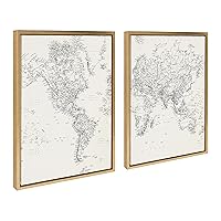 Sylvie Black and White Modern Retro World Map Framed Canvas Wall Art Set by The Creative Bunch Studio, 2 Piece 18x24 Gold, Vintage Map Art for Wall