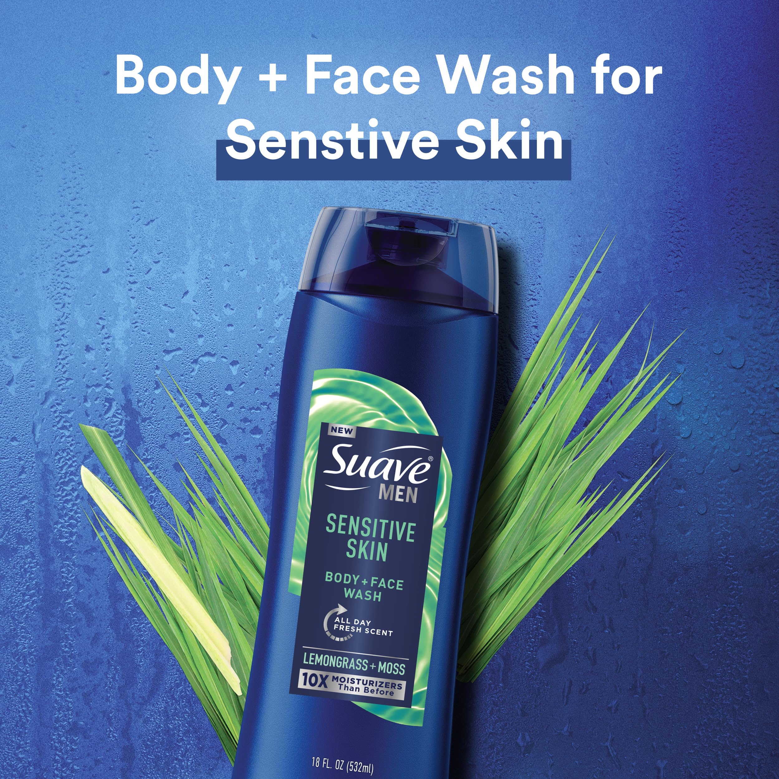 Suave Men Moisturizing Body & Face Wash for Sensitive Skin, Lemongrass scent, No Parabens, No Phtahaltes, 18 Oz Pack of 6