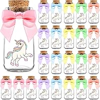 24 Pack Unicorn Party Favor Glass Bottles with Pastel Ribbons - Vintage Birthday Unicorn Party Favors and Baby Shower and Table Centerpieces Decorations - Sturdy Rainbow Theme Candy Jar