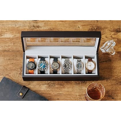 CASE ELEGANCE Solid Espresso Wood Watch Box Organizer with Glass Display Top