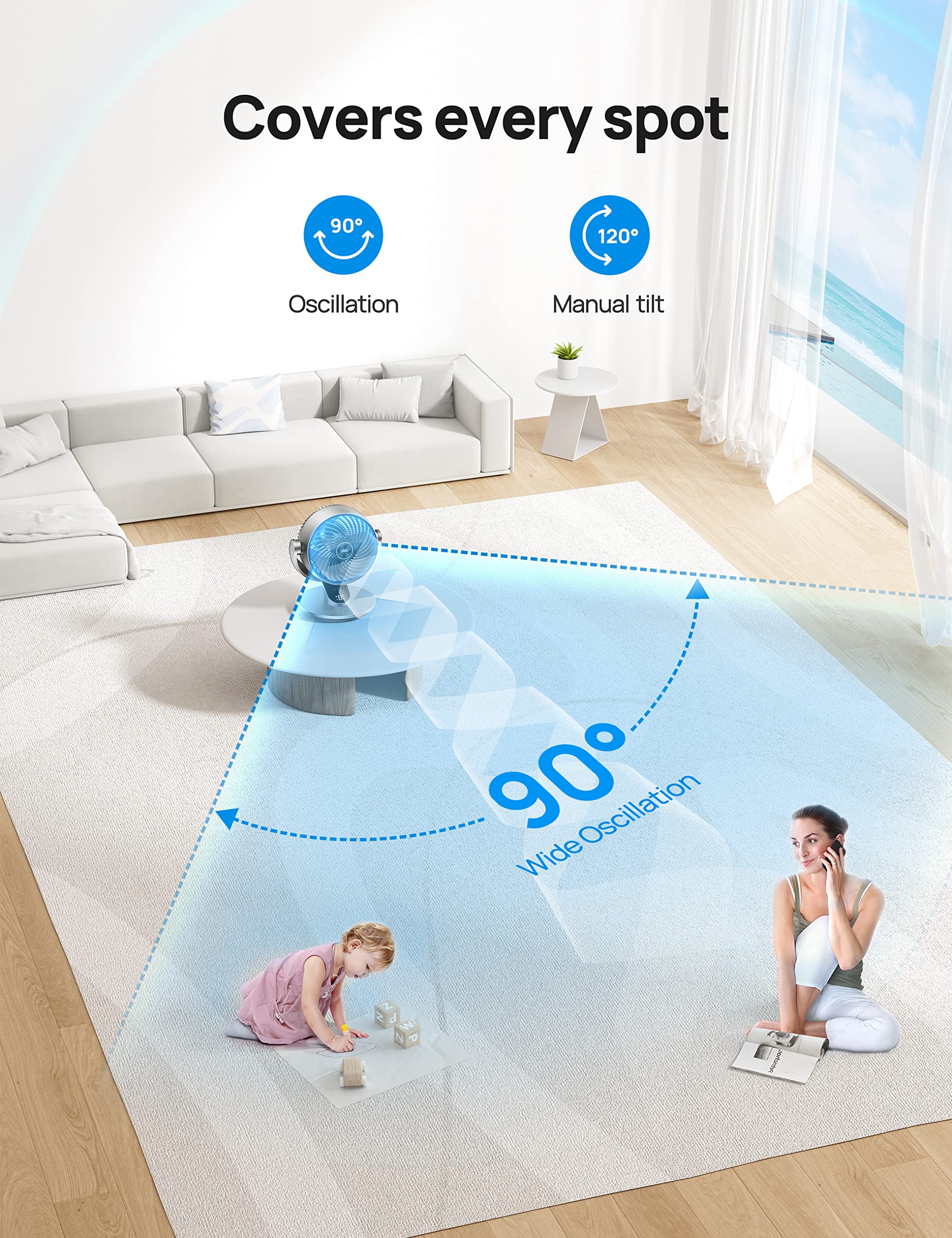 Dreo Smart Table Fans for Bedroom, 120°+90° Oscillating Fans with Remote/Voice/Wifi/Alexa Control, Powerful 70 ft Air Circulator Fan, 4 Speeds, 5 Modes, 12H Timer, 9 Inch Quiet Fan for Office, Home