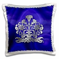 3dRose Photo of Art Nouveau Floral in Faux Silver Effect over blue velvet - Pillow Case, 16 by 16-inch (pc_219278_1)