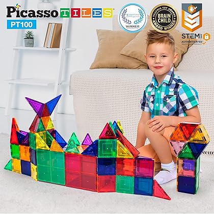 PicassoTiles 100 Piece Set 100pcs Magnet Building Tiles Clear Magnetic 3D Building Blocks Construction Playboards, Creativity Beyond Imagination, Inspirational, Recreational, Educational Conventional