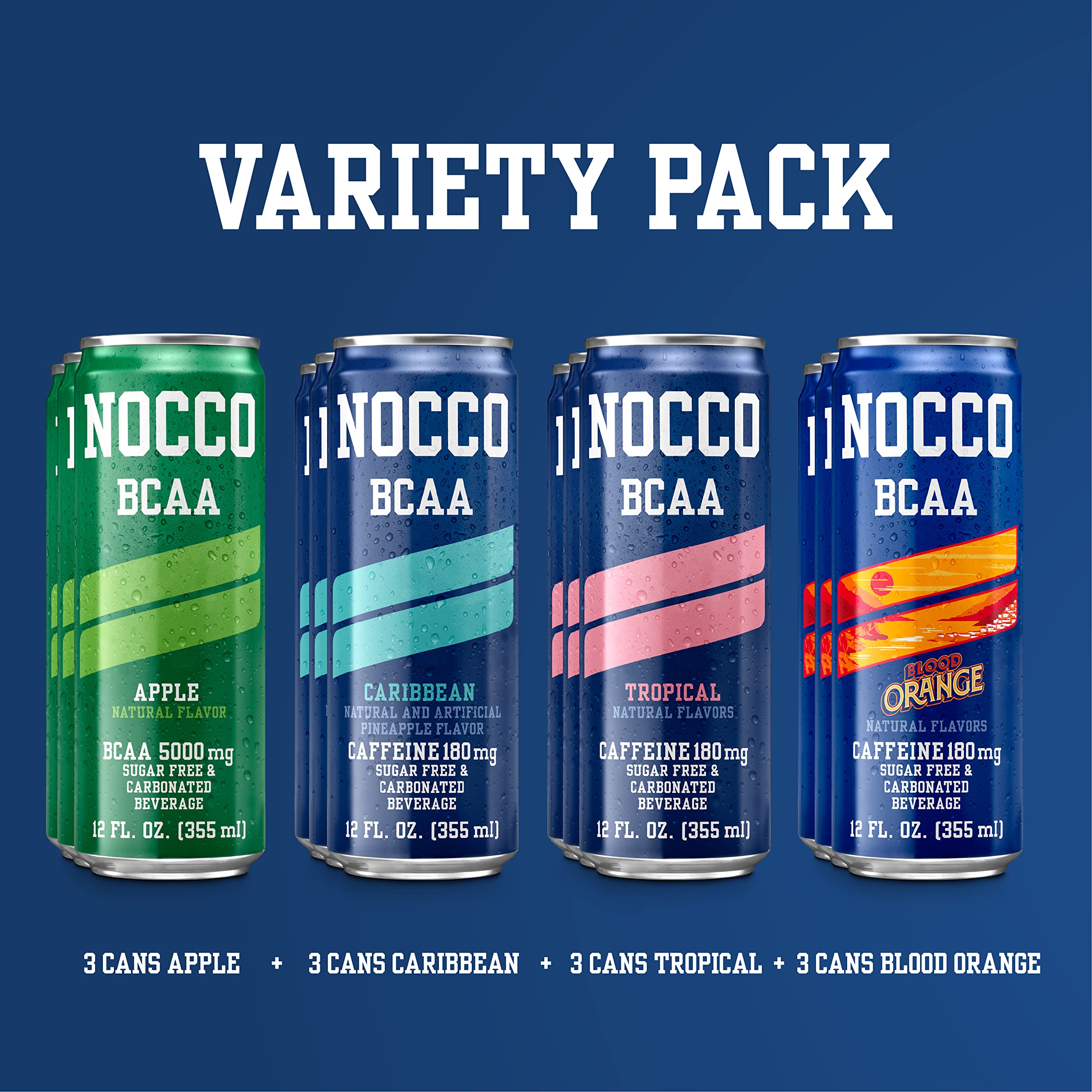 NOCCO BCAA Energy Drink Variety Pack - 12 Fl Oz (Pack of 12) - Sugar Free Caffeinated & Decaf Drink - Carbonated & Low Calorie with BCAAs, Vitamin B6, B12, & Biotin - Grab & Go Performance Drinks