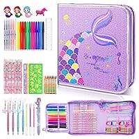 Mermaid Art Craft Kit for Kids, 56 Piece Set with Pencil Case, Markers, Crayons, Gel Pens, Erasers, Stencils, Ruler