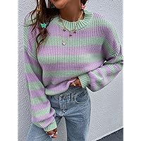 Women's Sweater Striped Pattern Drop Shoulder Sweater Sweater for Women (Color : Black and White, Size : X-Small)