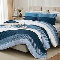 Litanika Navy Blue Comforter King Size Set, 3 Pieces Boys Men Women Bedding Set, Blue White Colorblock Stripe (104x90In Comforter & 2 Pillowcases)