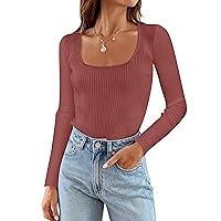 MEROKEETY Women's 2024 Square Neck Long Sleeve T Shirts Slim Fitted Ribbed Knit Casual Tee Tops