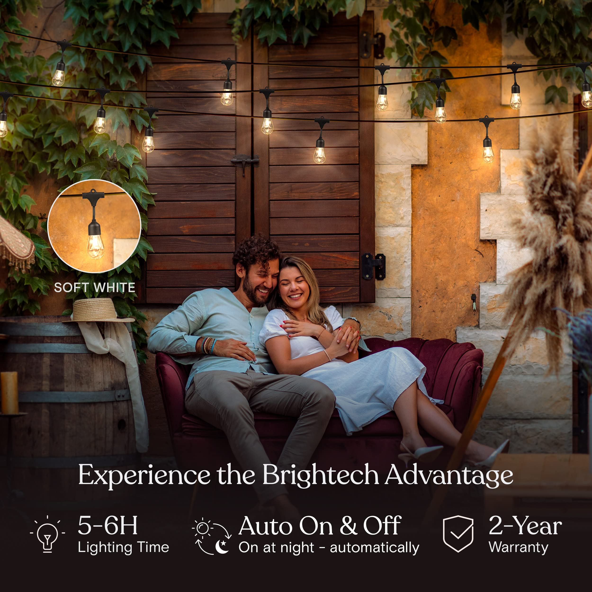 Brightech Ambience Pro - Waterproof, Solar Power Outdoor String Lights - 48 Ft Hanging Edison Bulbs Create Bistro Ambience in Your Yard - Commercial Grade, Shatterproof - 1W LED, Soft White Light