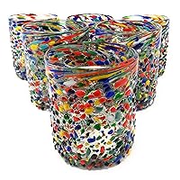Hand Blown Mexican Drinking Glasses – Set of 6 Confetti Rock Tumbler Glasses (10 oz each)