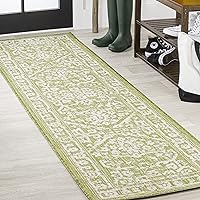 JONATHAN Y SMB104D-210 Malta Bohemian Medallion Textured Weave Indoor Outdoor Area-Rug, Coastal,Traditional,Transitional Easy Clean,Bedroom,Kitchen,Backyard,Patio, Non-Shed, Green/Cream, 2 X 10