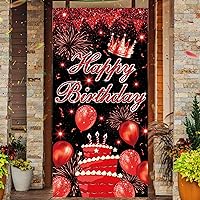 BINQOO 3x6ft Red Birthday Banner Cake Balloon Flag Red Sparkle Crown Birthday Party Sign Door Cover Kids Women Happy Birthday Celebration Hang Outside Photo Backdrop
