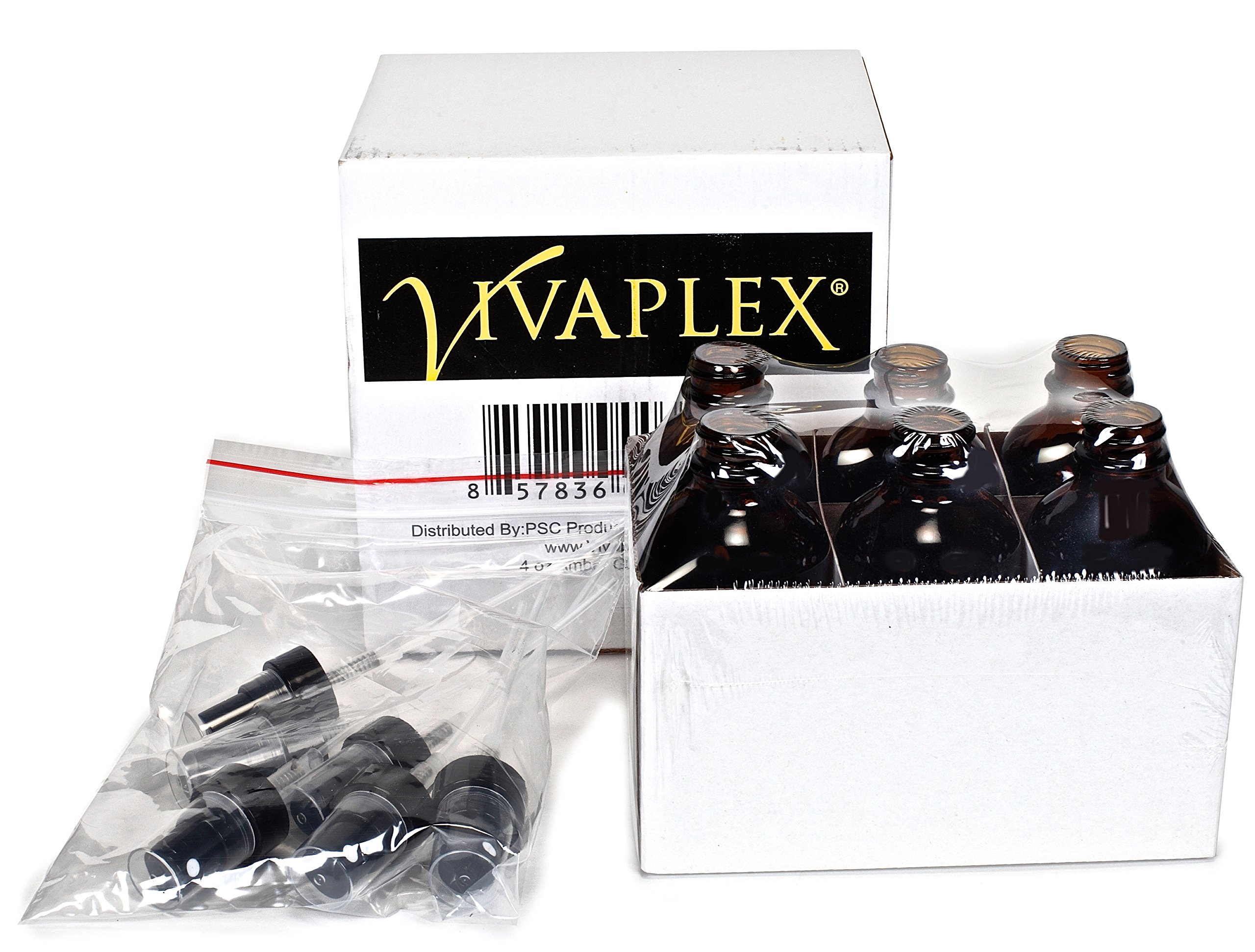 Vivaplex 6, Amber, 4 oz Glass Bottles, with Black Fine Mist Sprayers