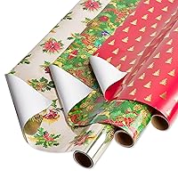 Papyrus Christmas Wrapping Paper Rolls, Poinsettias, Christmas Tidings, Red + Gold Trees (3 Rolls, 65 sq. ft.)
