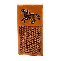 Premium Genuine Western Mens Embossed Horse Basketweave Long Wallet in 3 Colors (Tan)