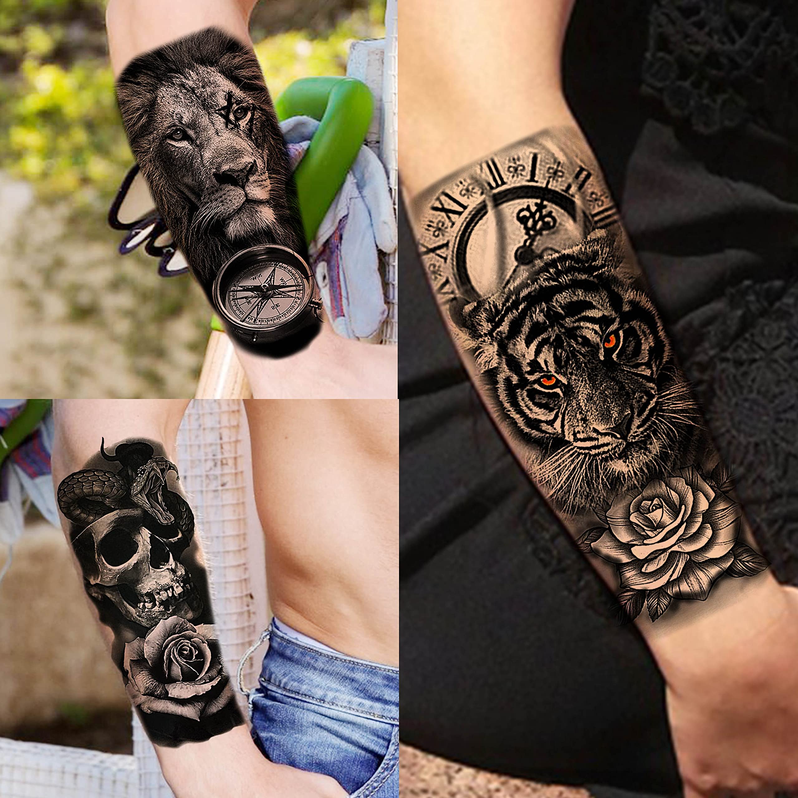 COKTAK 68 Sheets Large Half Arm Sleeve Temporary Tattoos For Men Women Forearm, Tribal Wolf Tiger Lion Owl Skull Temp Halloween Fake Tattoo Stickers Adults, Black Realistic Tattoo Flower Rose Animals