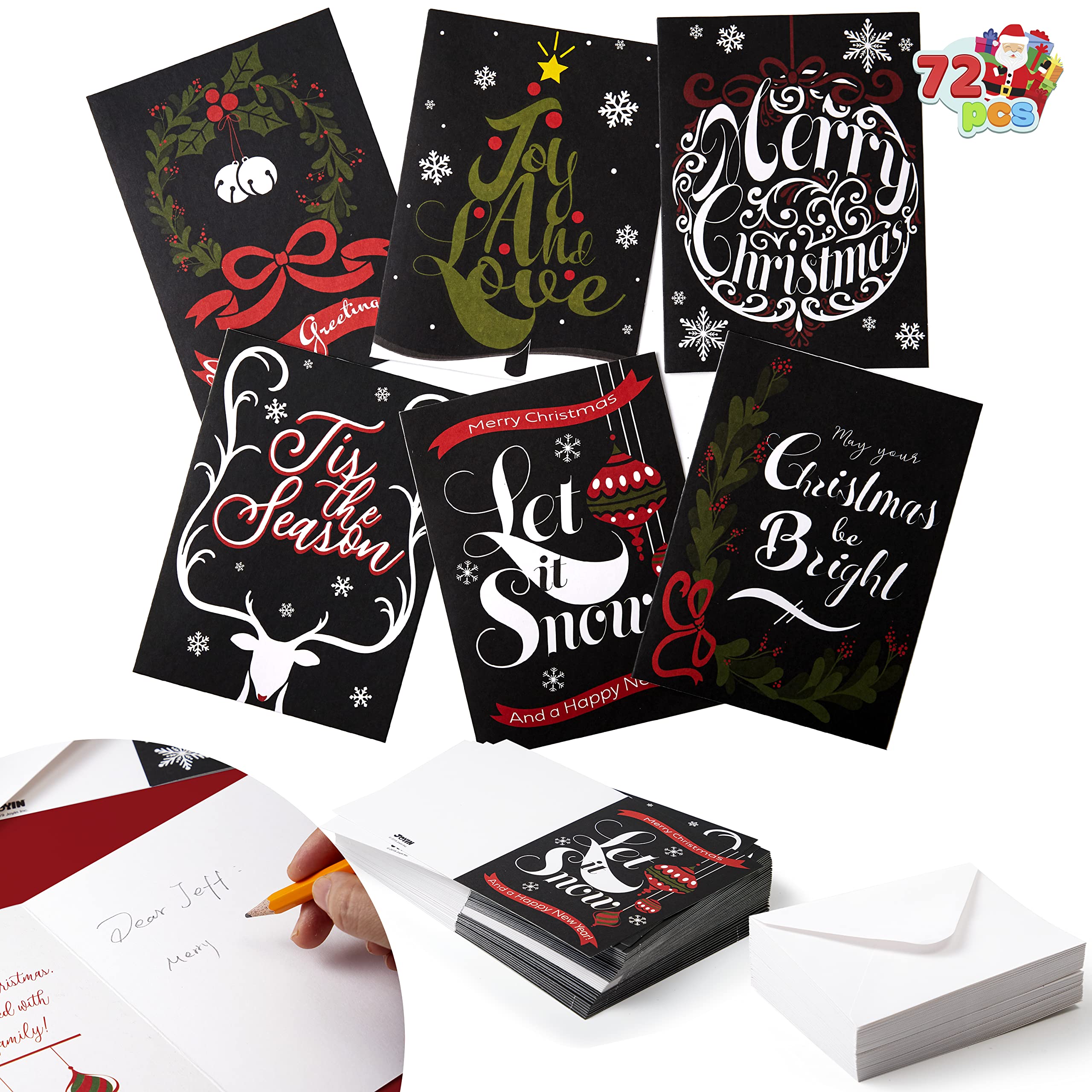 JOYIN 72 Piece Holiday Christmas Greeting Cards with 6 Artistic Greeting Designs & Envelopes 6.25” x 4.6