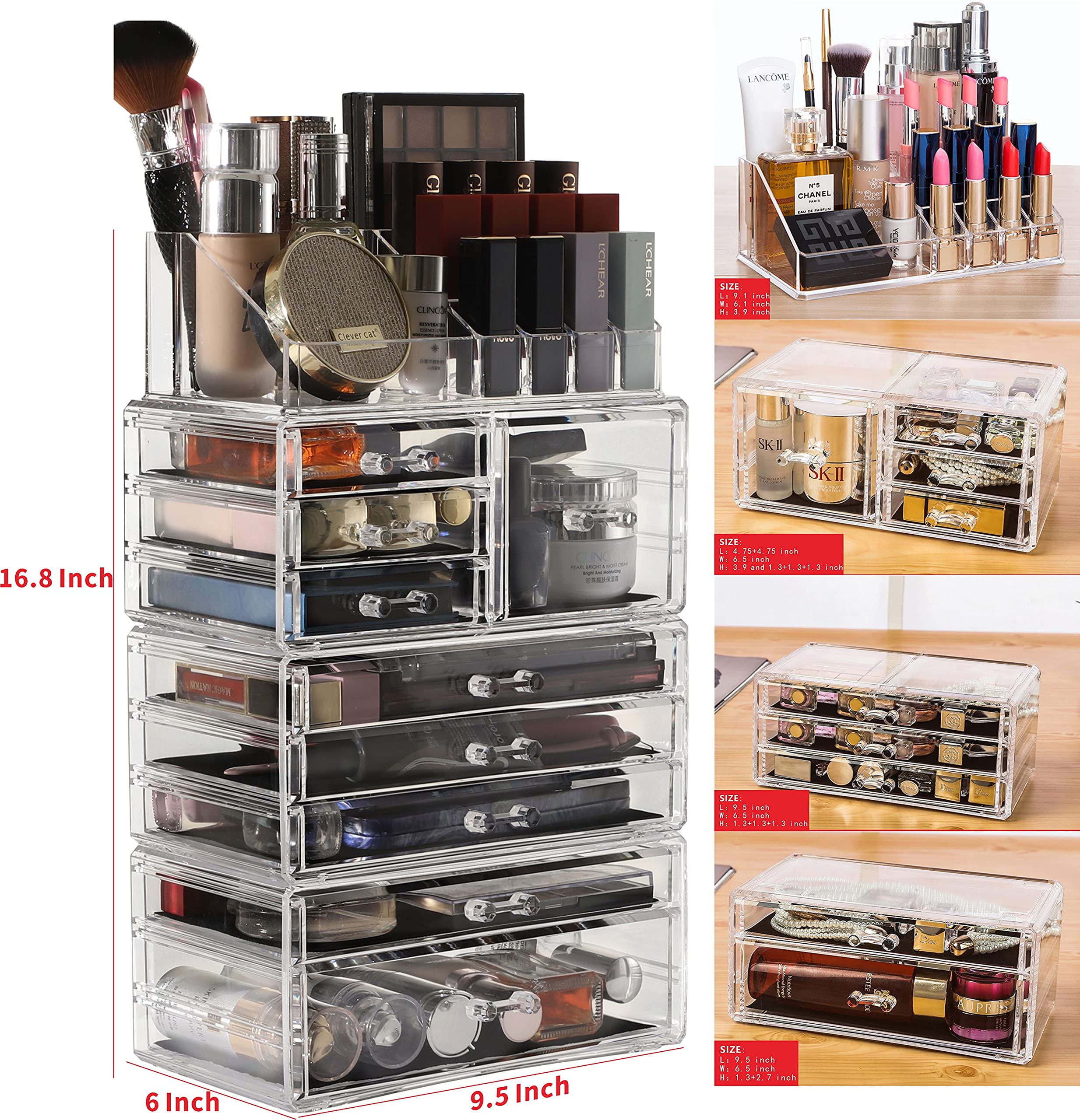 Cq acrylic Makeup Organizer Skin Care Large Clear Cosmetic Display Cases Stackable Storage Box With 9 Drawers For Vanity,Set of 4