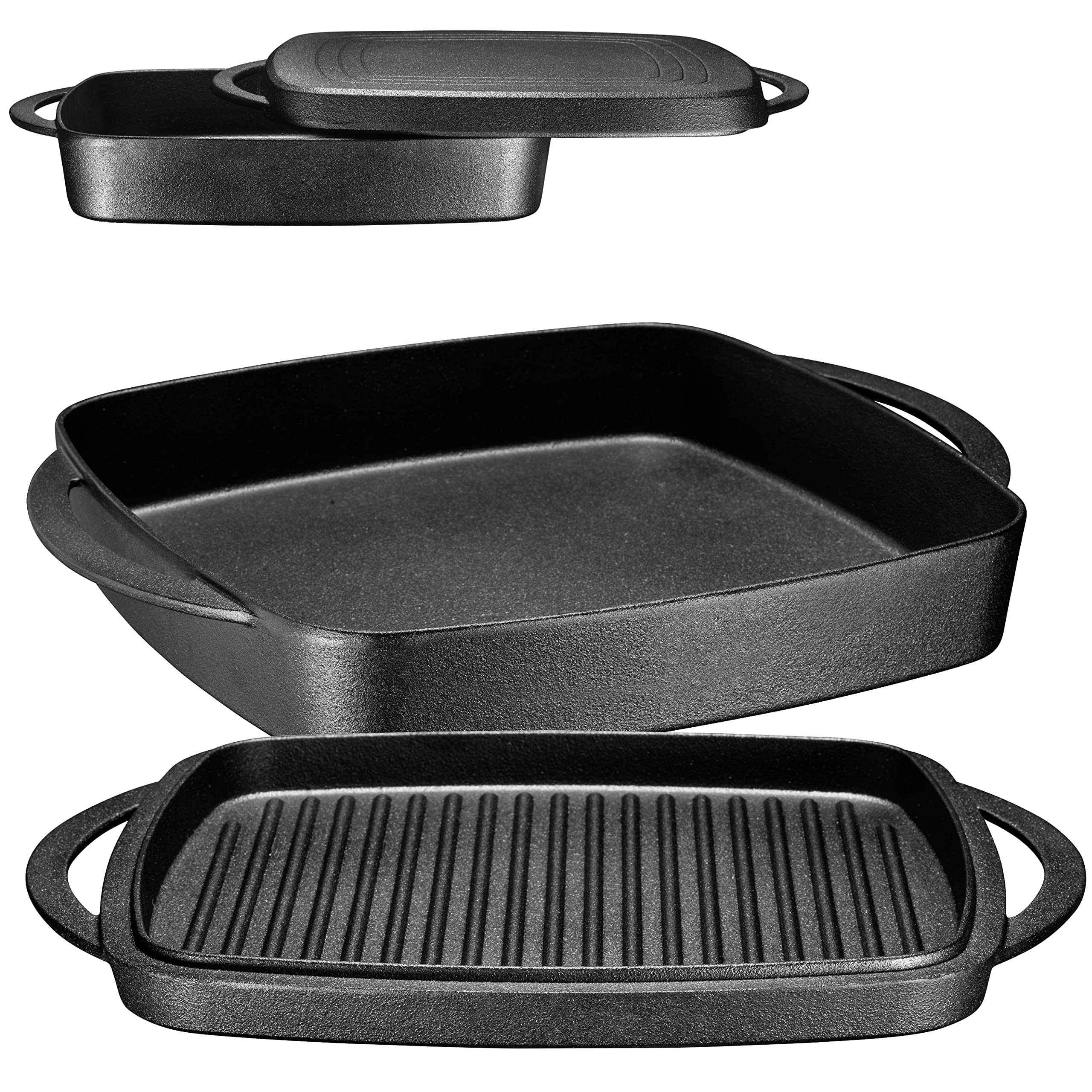 Bruntmor 2-in-1 Pre-seasoned Square Cast Iron Dutch Oven With Dual Handles, Non stick Pan with Grill, Casserole Dish with Lid for Braising Dishes, Crock Pot Covered With Cast Iron, Oven Safe Skillet