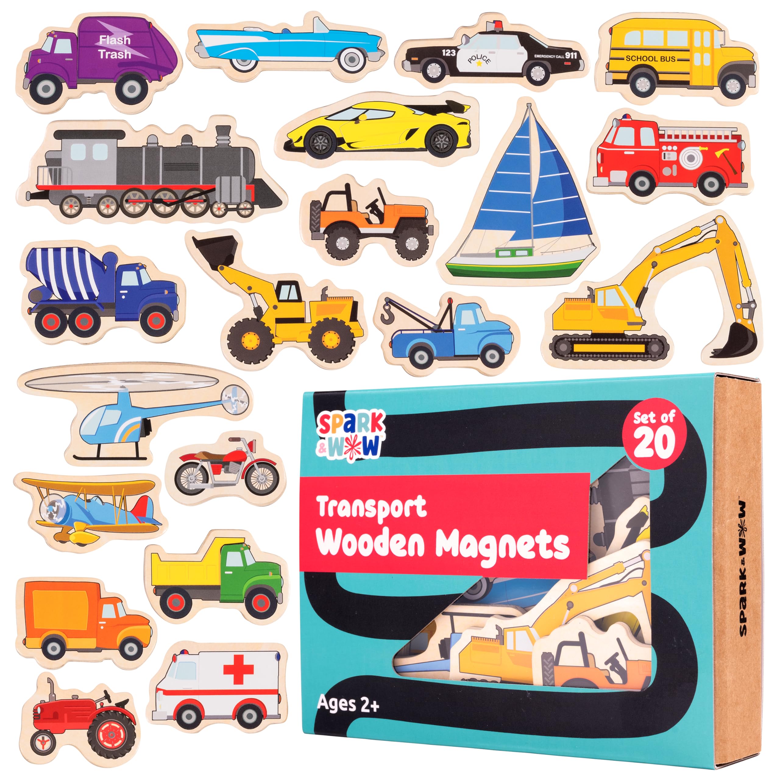 SPARK & WOW Wooden Magnets - Transport - Set of 20 - Magnets for Kids Ages 2+ - Cute Transportation Magnets for Fridges, Whiteboards and More