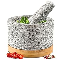 Heavy Duty Mortar and Pestle Set with Bamboo Base, Large 2 Cups, 100% Natural Granite Mortar and Pestle Large Stone Grinder Bowl, Molcajete Bowl, Masher Guacamole Bowls, Unpolished Grey