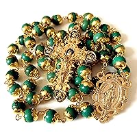elegantmedical HANDMADE Gold 8MM Turquoise BEADS CATHOLIC AVE MARIA 5 DECADE ROSARY NECKLACE CROSS crucifix Mens Womens Religious Gift