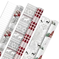 Hallmark Holiday Reversible Wrapping Paper Bundle, Rustic Christmas (Pack of 3, 120 sq. ft. ttl) Plaid, Barn, Red Truck, Moose, Woodland Scenes
