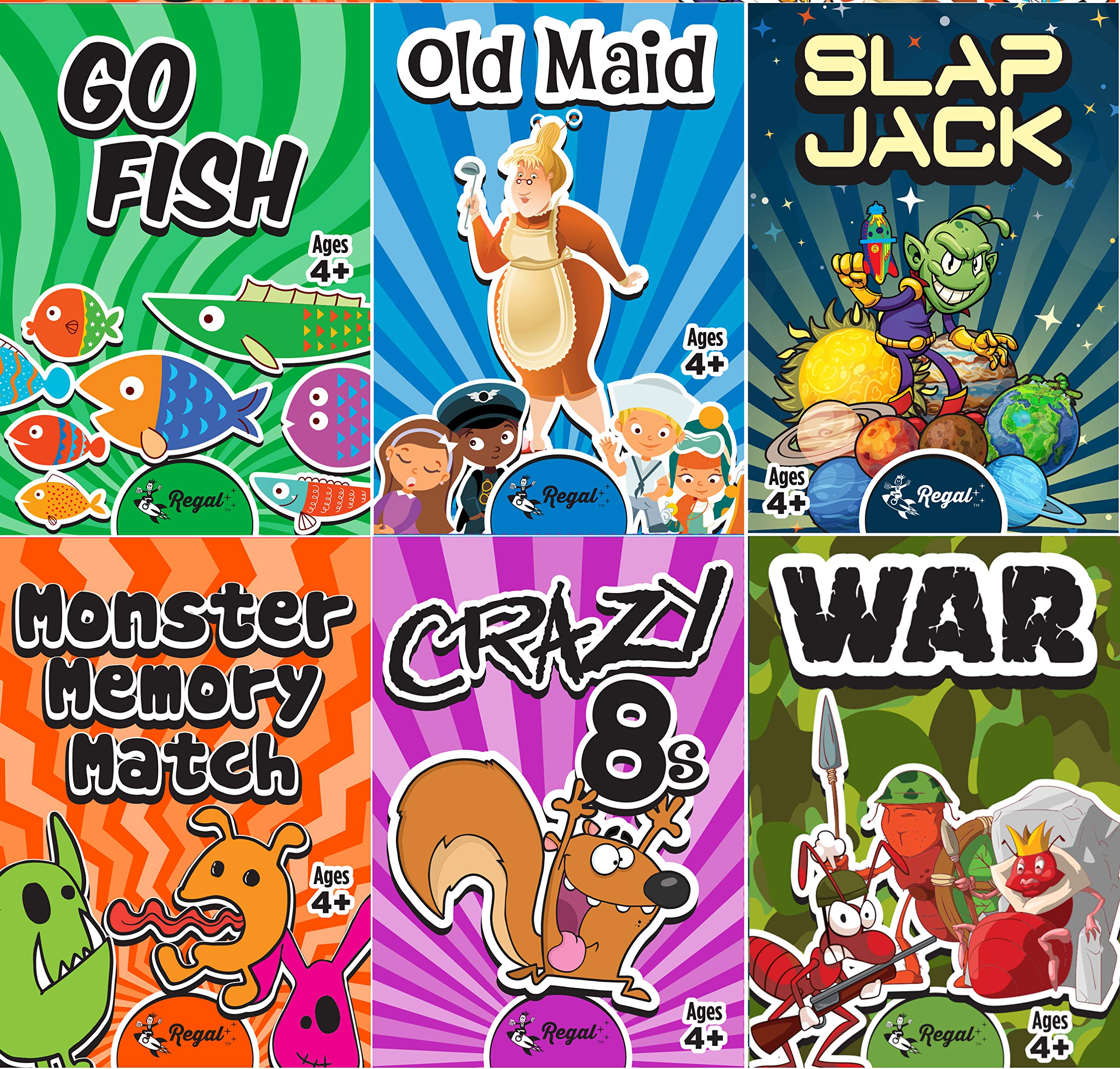 Regal Games - Kids Classic Card Games - Includes Old Maid, Go Fish, Slapjack, Crazy 8's, War, and Silly Monster Memory Match- for Family Game Nights, Parties - Set of 6 Games