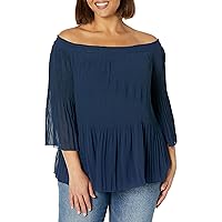 City Chic Plus Size TOP Pleated Off SHLD, in Navy, Size, 16