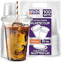 [100 Sets - 20 oz.] Clear Plastic Cups with Straw Slot Lid, PET Crystal Clear Disposable 20oz Plastic Cups with lids