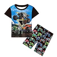 Boys Truck Cars Costume Cartoon Machine Short Tee Shirt and Shorts Set Home Clothing Set Playwear for Kids 2-7 Years