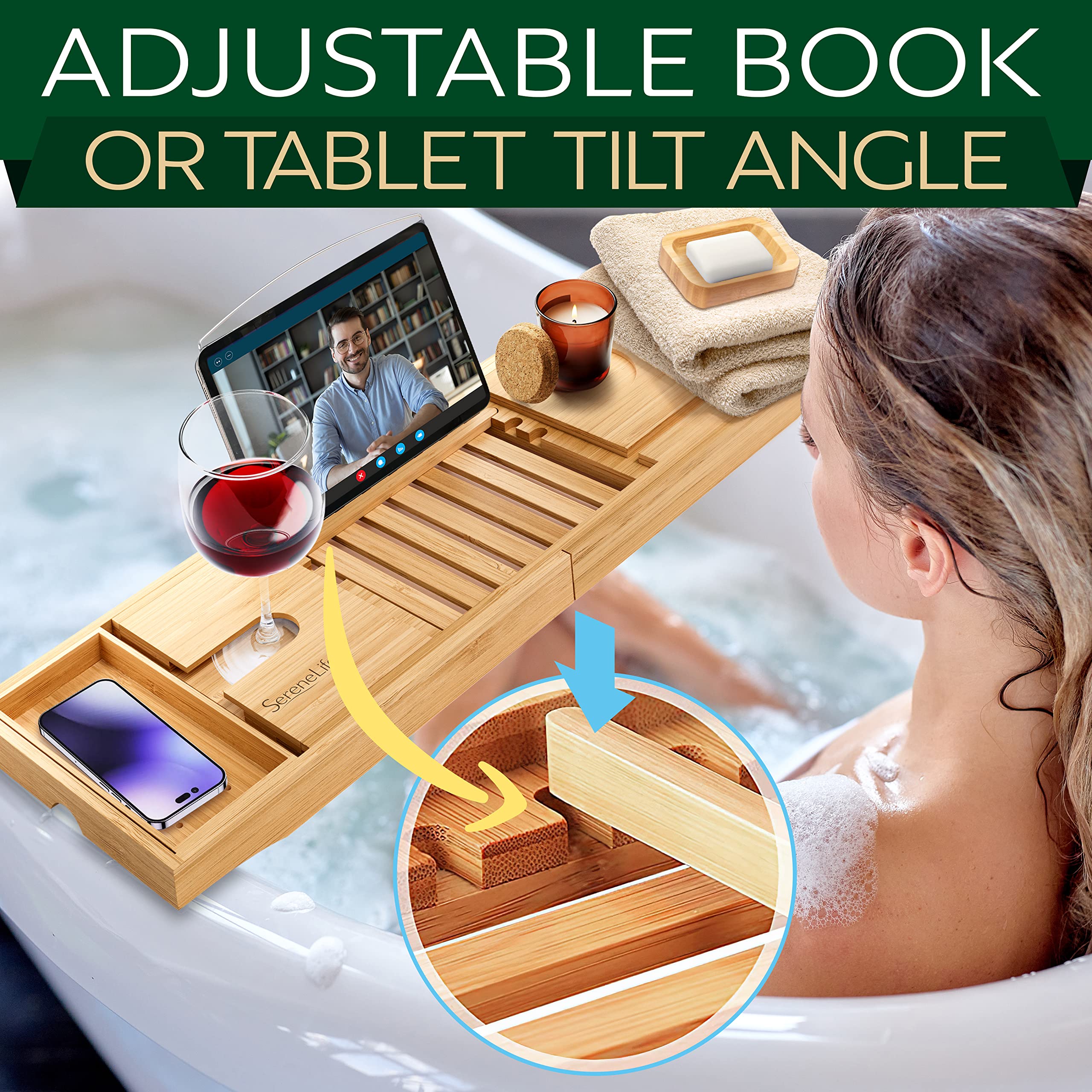 SereneLife Bamboo Bathtub Caddy with Luxury Gift Box and Red Gifting Ribbon Extendable & Adjustable Tray with Device/Book Holder with Removable Trays for Bath Accessories (Natural)