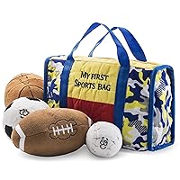 PREXTEX My First Sports Bag Playset with Stuffed Plush Basketball, Baseball, Soccer Ball and Football Great Gift Toy for Baby and Kid
