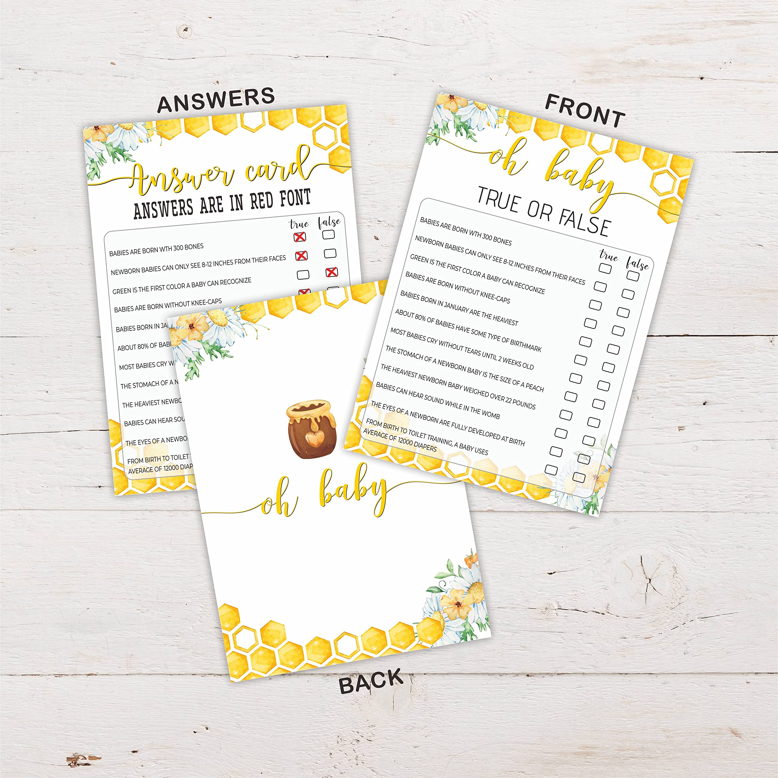 30 Honey Bee Themed Baby Shower Game Cards with an Answer Card, Baby True or False double sided (5 X 7 inches)-（BABYYX-006）